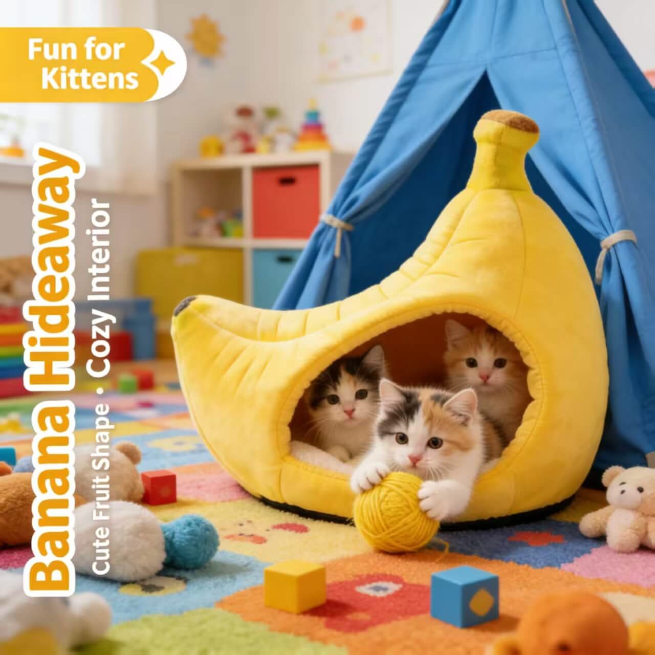 Adorable Banana-Shaped Pet Cave Bed for Cats - Plush, Yellow, Cozy Hiding Spot, All-Season