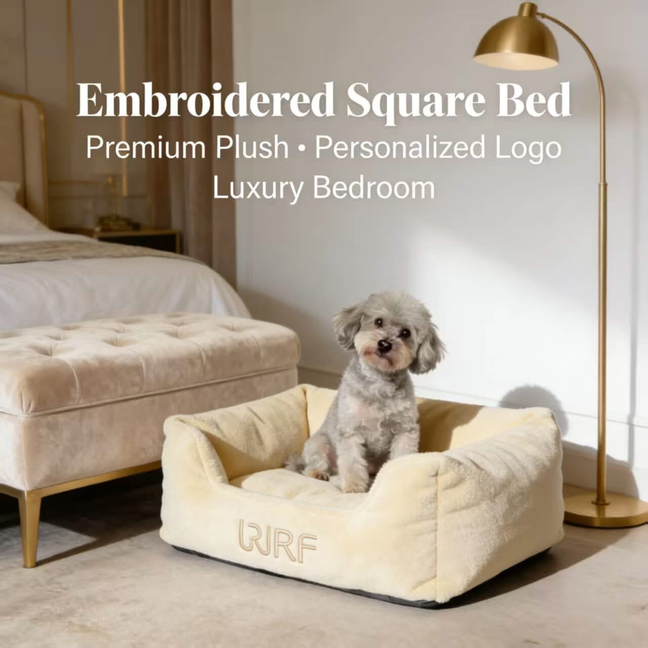 Luxury Embroidered Pet Bed for Dogs - Beige, Square, Premium Plush, Personalized Logo