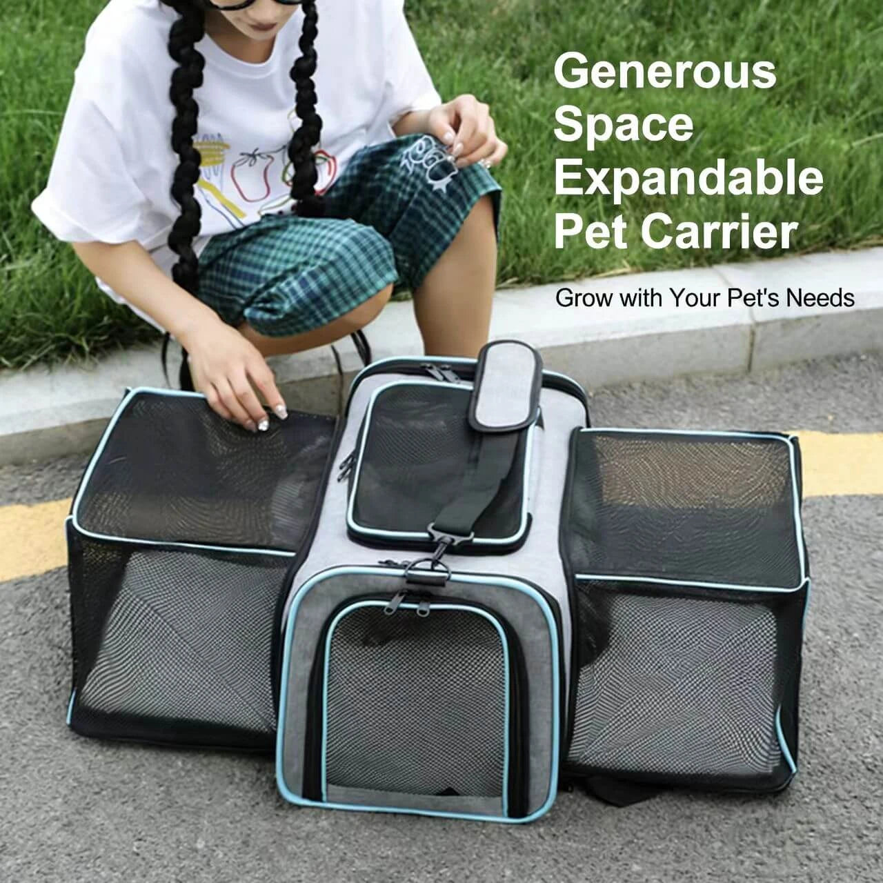 Spacious Pet Carrier Tote - Ventilated Mesh, Expandable, Gray & Blue