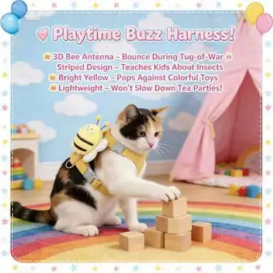 Escape-Proof Cat Harness & Leash: Adjustable Fit, Plush Bee Accent (Yellow)