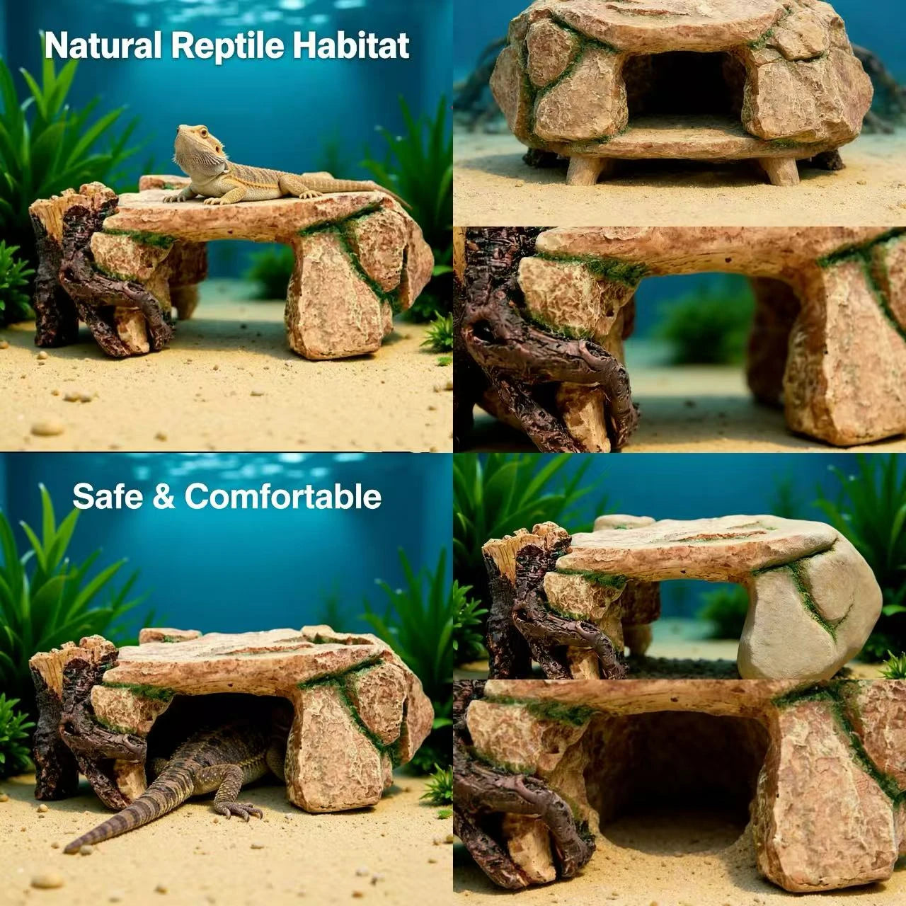 Sheltering Lizard Hideout: Stone-Wood Design, Natural Texture for Lizards