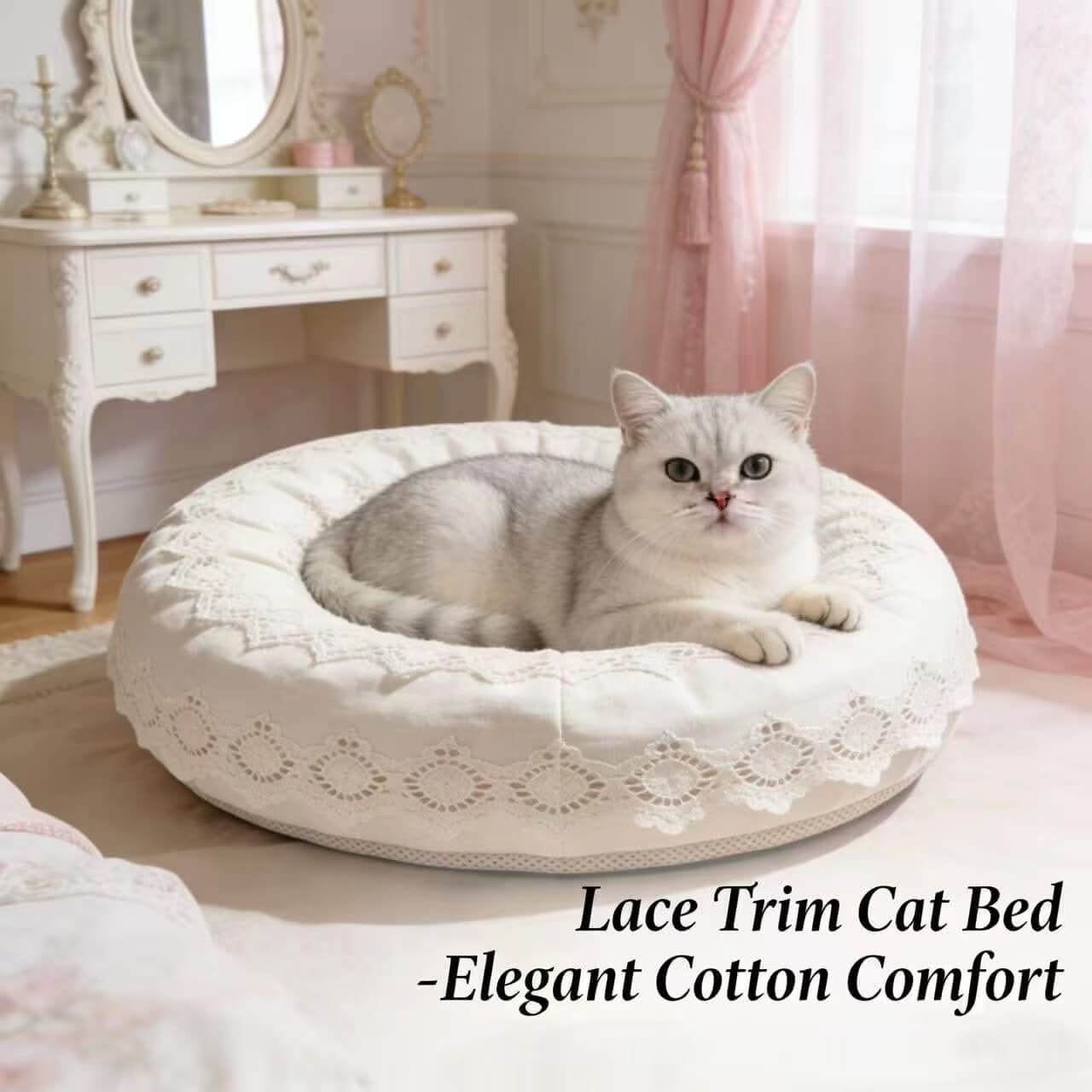 Elegant Lace Pet Bed for Cats - Round, Plush, Cream, Cozy Cushion, All-Season