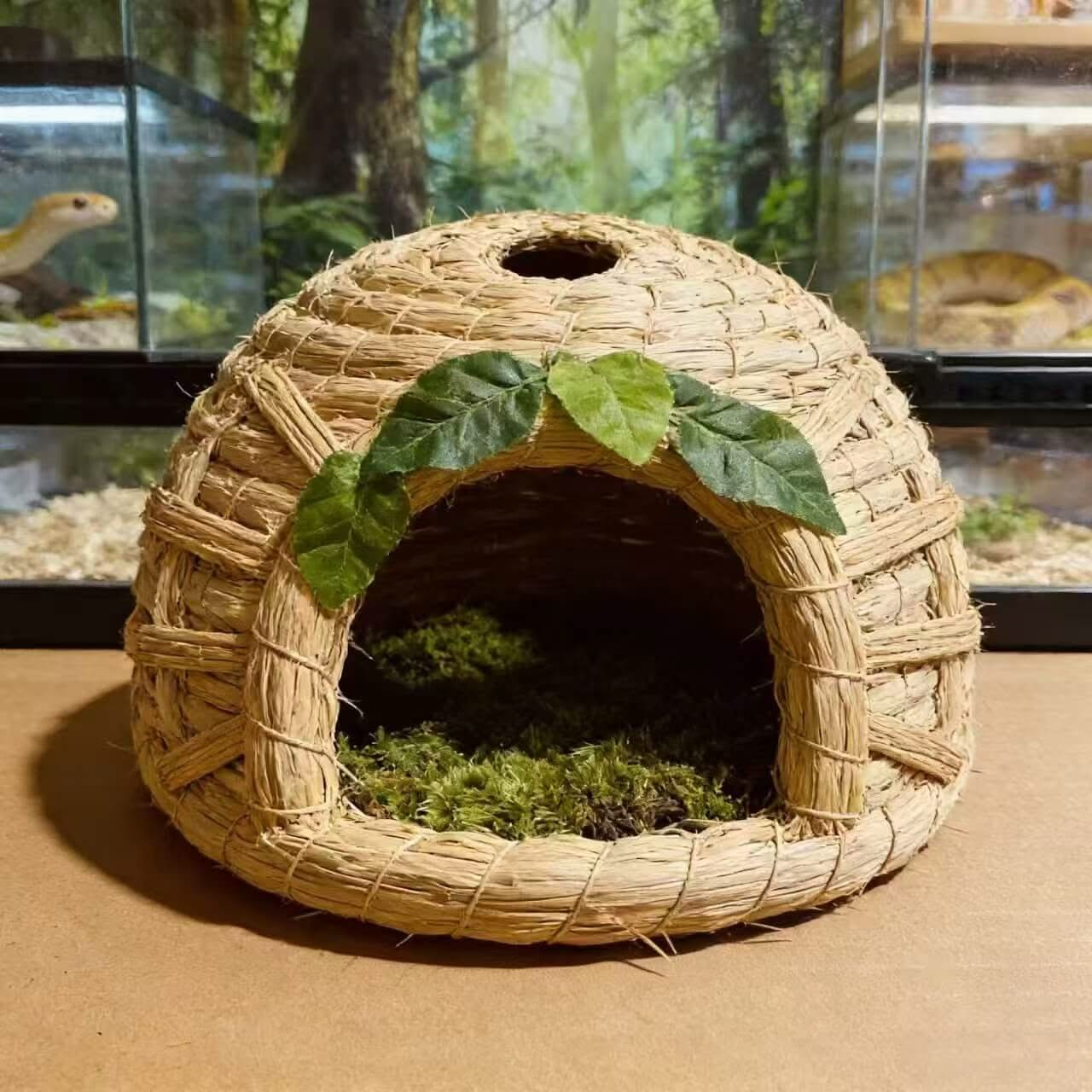 Woven Straw Snake Hide: Moss Lining, Leaf Accent, Ventilated Space for Snakes