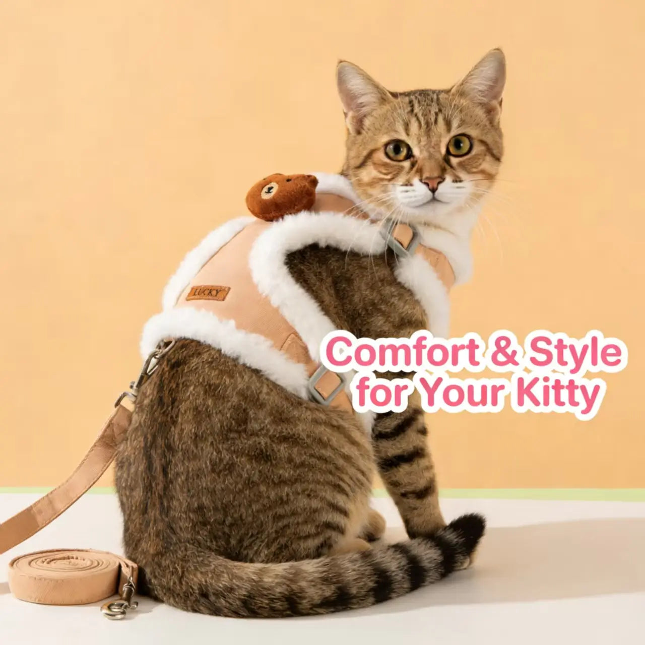 Escape-Proof Cat Harness & Leash: Faux Fur Trim, Teddy Bear Accent