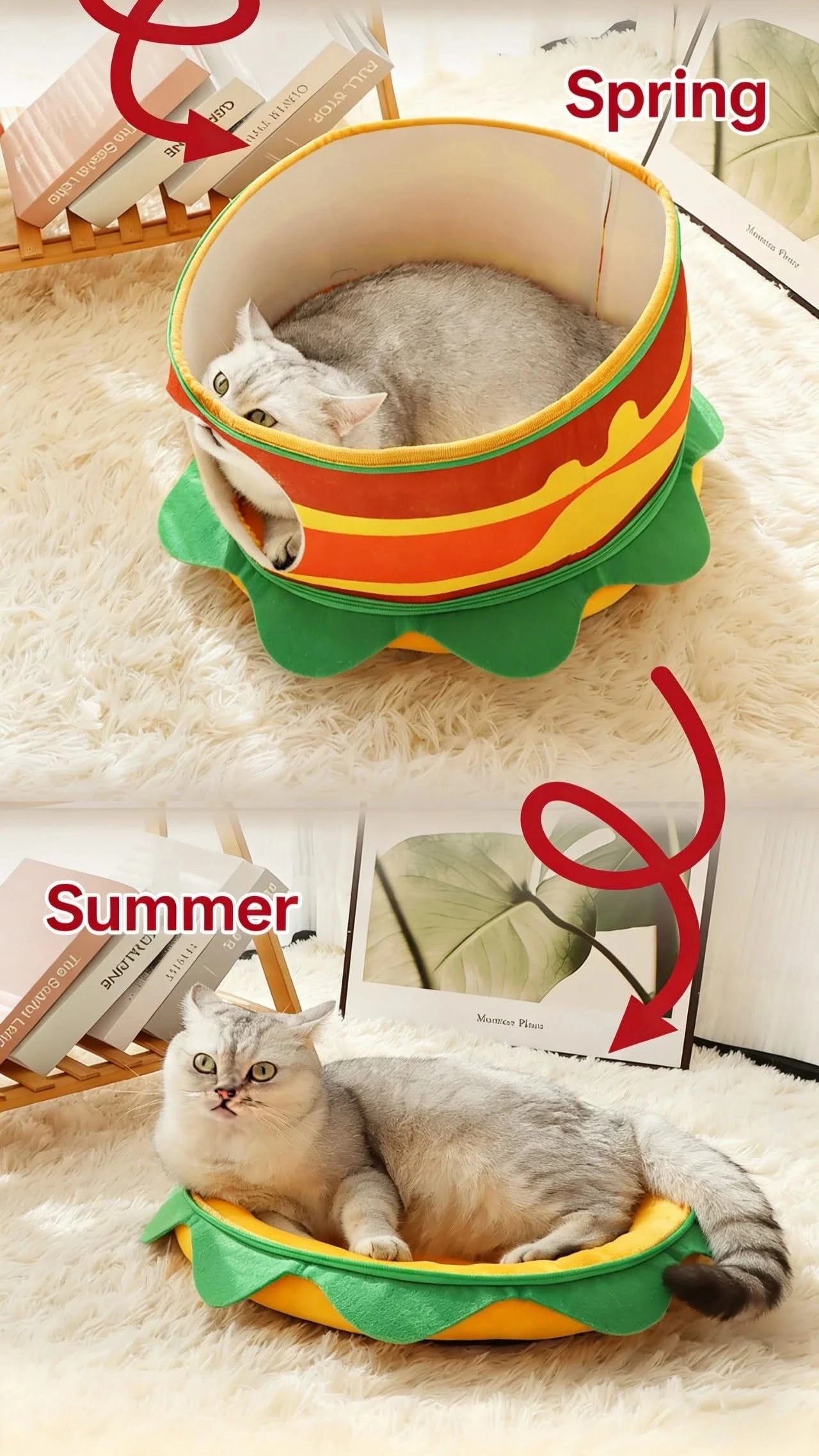  Fun Pet Bed for Cats, Burger Shape, Soft Fabric,  Food Themed, All-Season