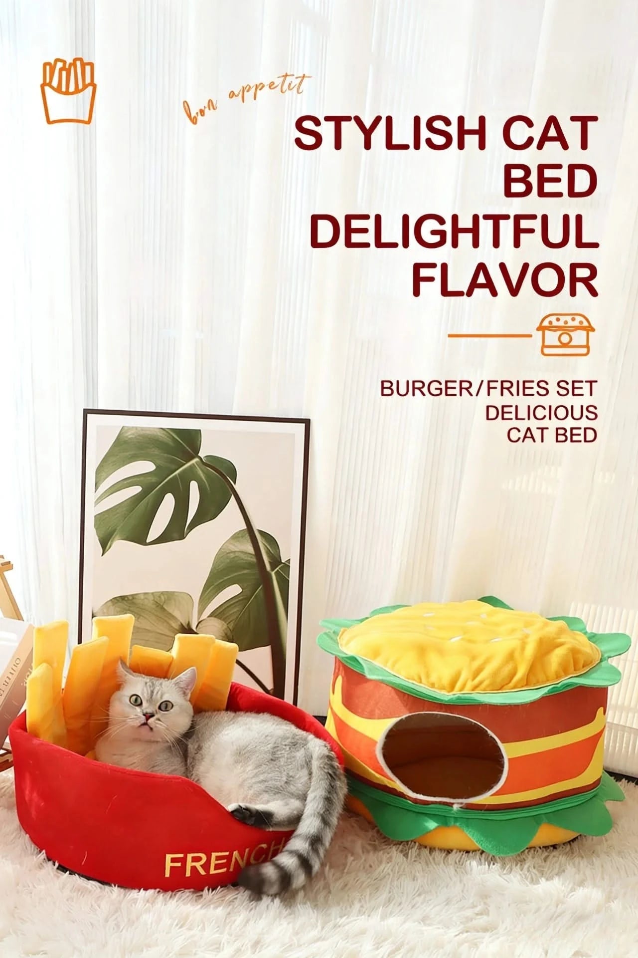  Fun Pet Bed for Cats, Burger Shape, Soft Fabric,  Food Themed, All-Season