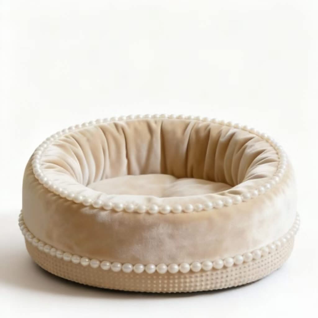 Luxury Pet Bed for Cats - Beige, Round, Pearl Trim, Soft Velvet Fabric