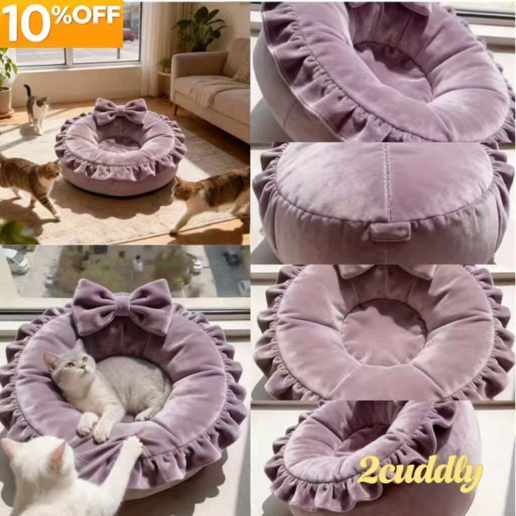 Soft Velvet Pet Bed for Cats - Lavender, Round, Bow Decor, Ruffled Trim