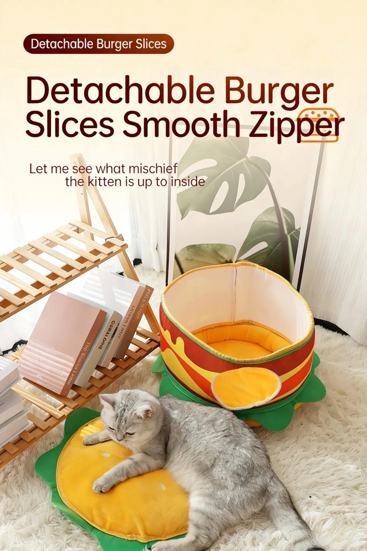  Fun Pet Bed for Cats, Burger Shape, Soft Fabric,  Food Themed, All-Season