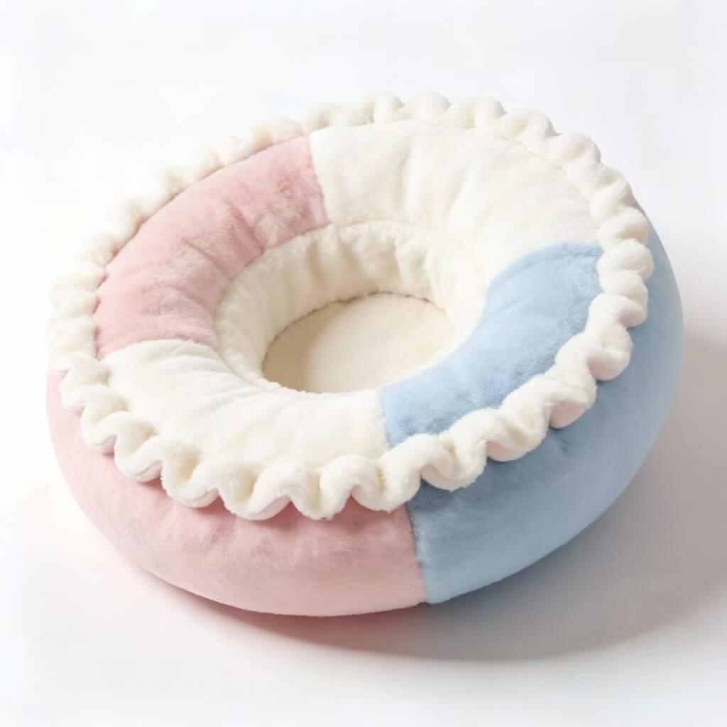 Pastel Ruffled Pet Bed for Cats- Color-Blocked, Plush, Soft Cushion, Pink-Blue-White, All-Season