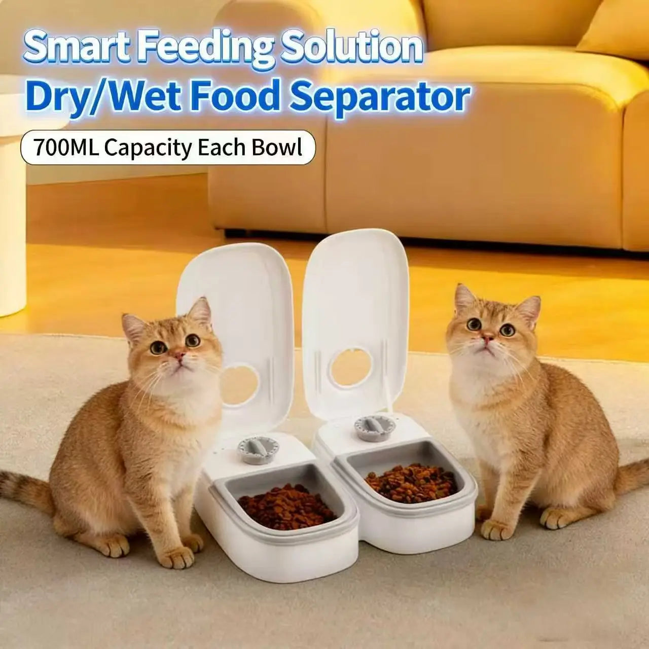 Lockable Cat Feeder: Dual Meal Station, 700ML Capacity (White)