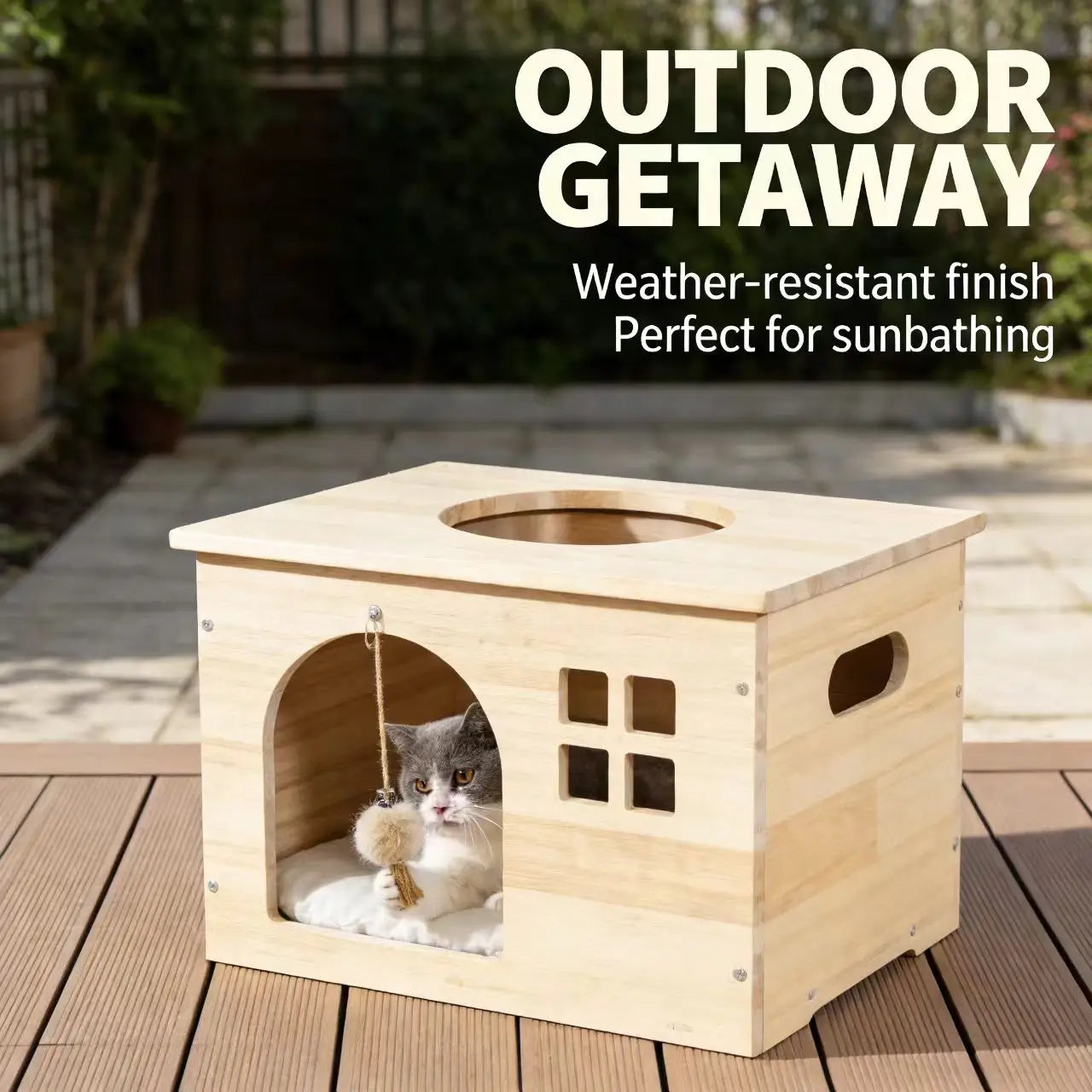 Multi-Functional Wooden Cat House - Table Top, Interactive Toy, For Indoor Cats