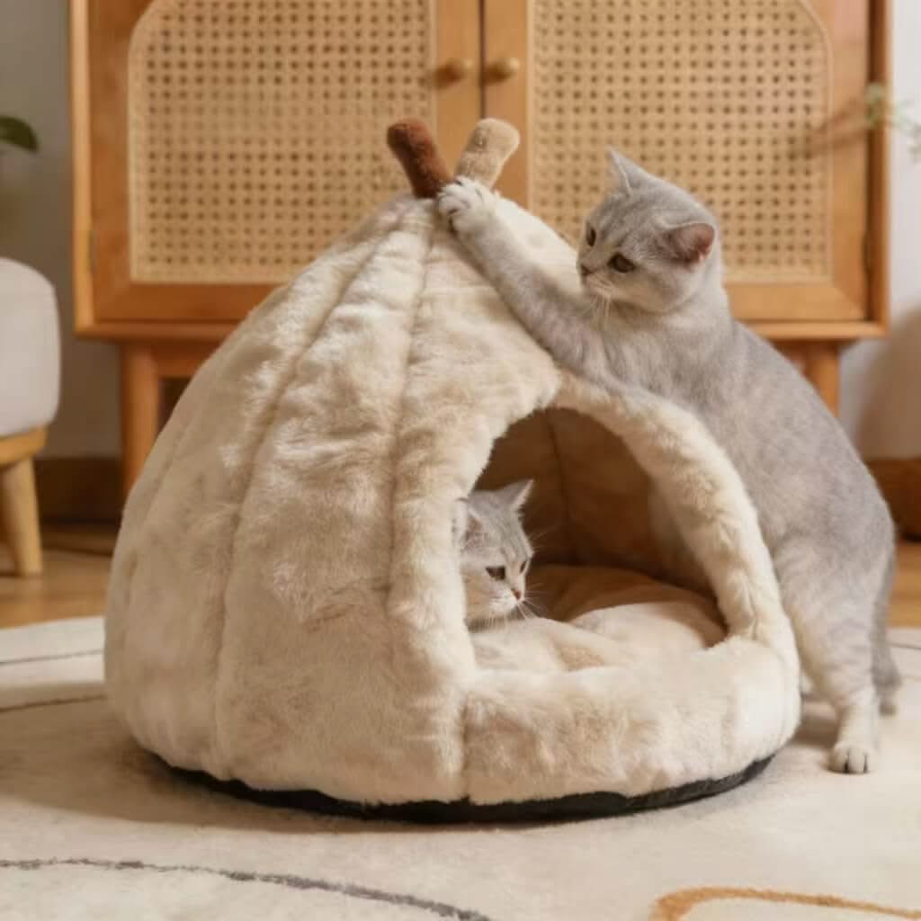 Adorable Peach-Shaped Pet Cave Bed for Cats - Plush, Cream, Cozy Hiding Spot, All-Season