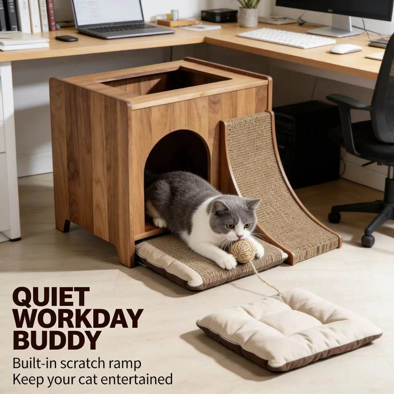 2-in-1 Cat House with Sisal Scratcher - Elevated Platform, Removable Cushion