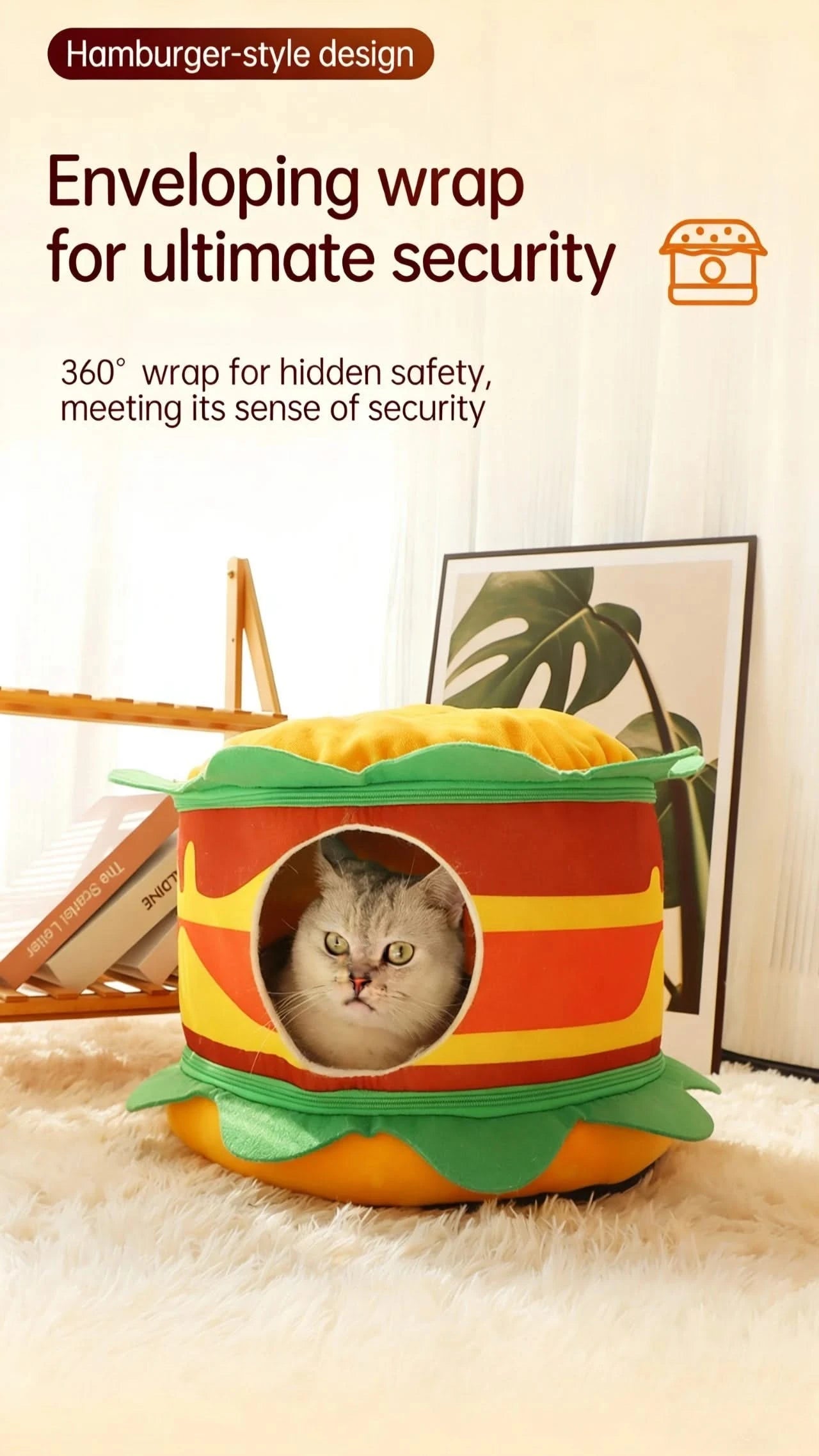  Fun Pet Bed for Cats, Burger Shape, Soft Fabric,  Food Themed, All-Season