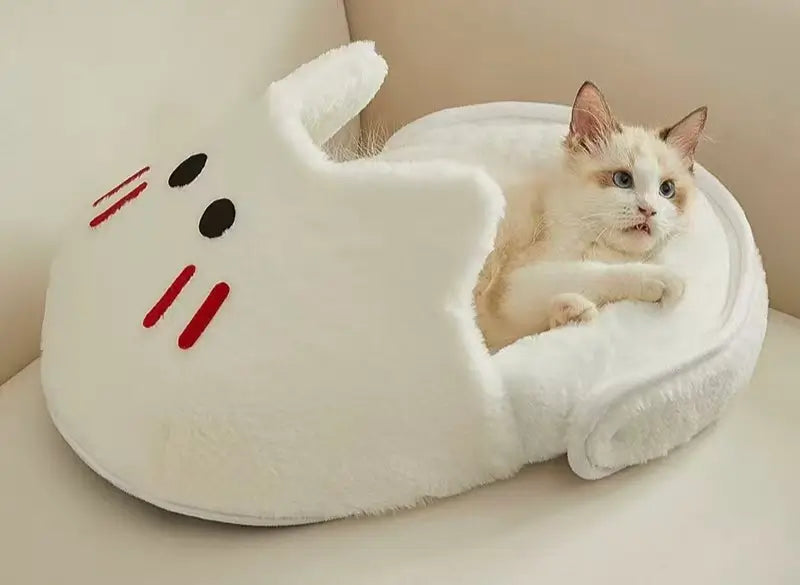 Ghost-Shaped Cat Bed: Cozy Rest, Plush Surface, Cute Design (White-Red)