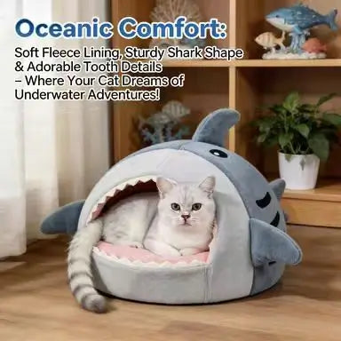 Cat Cave Bed, Shark-Style, Gray/Beige Plush, Cozy Small Cat Sleeping Bed