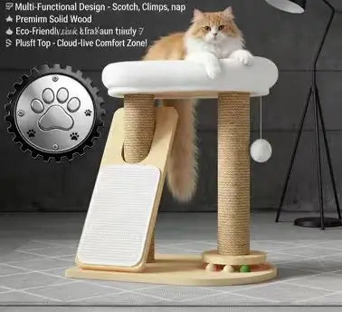 Minimalist Cat Scratcher Tree: Sisal Posts, Interactive Toys, Wooden Base (White-Beige)