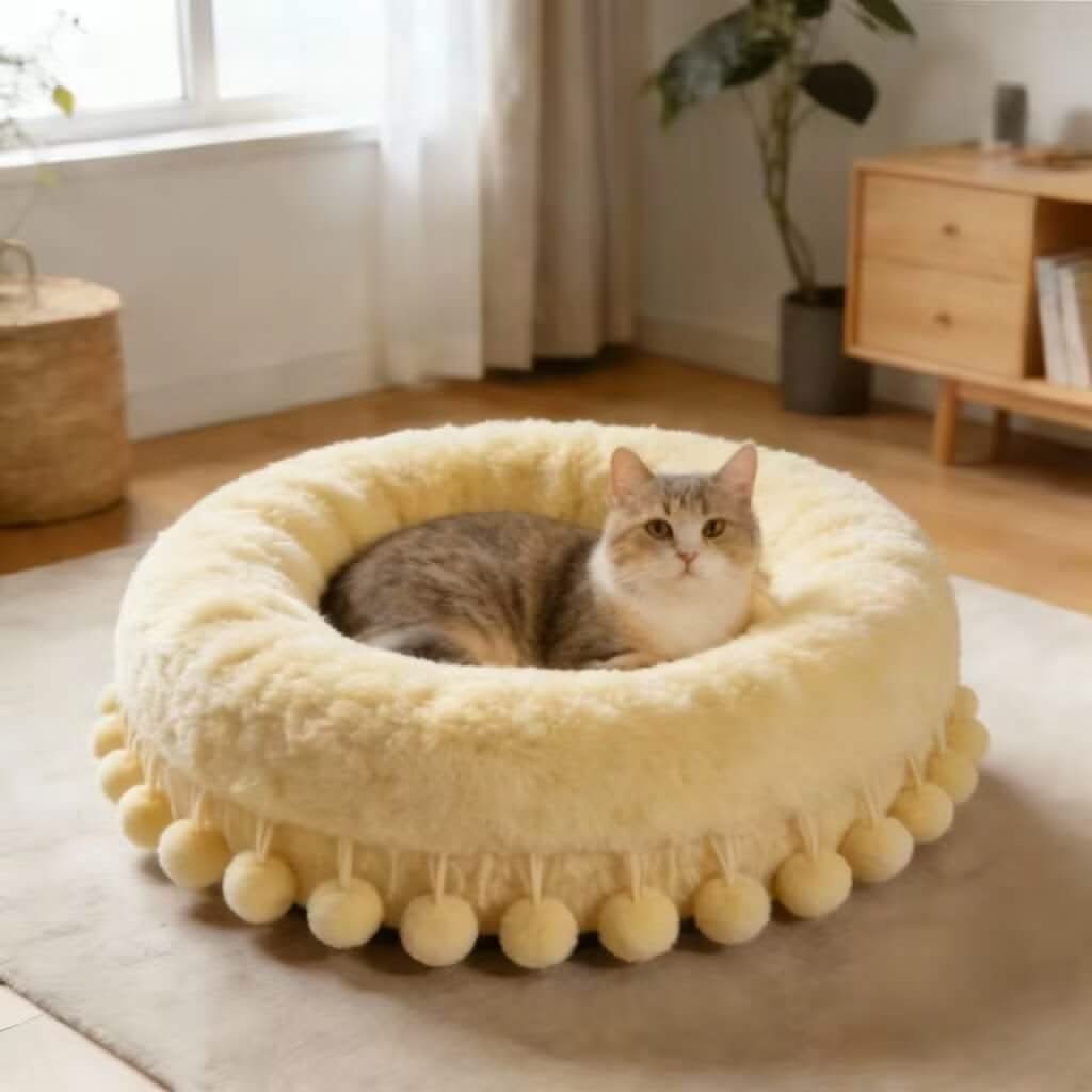 Plush Cozy Pet Bed for Cats - Cream, Round, Pom-Pom Trim, Soft Fleece Fabric