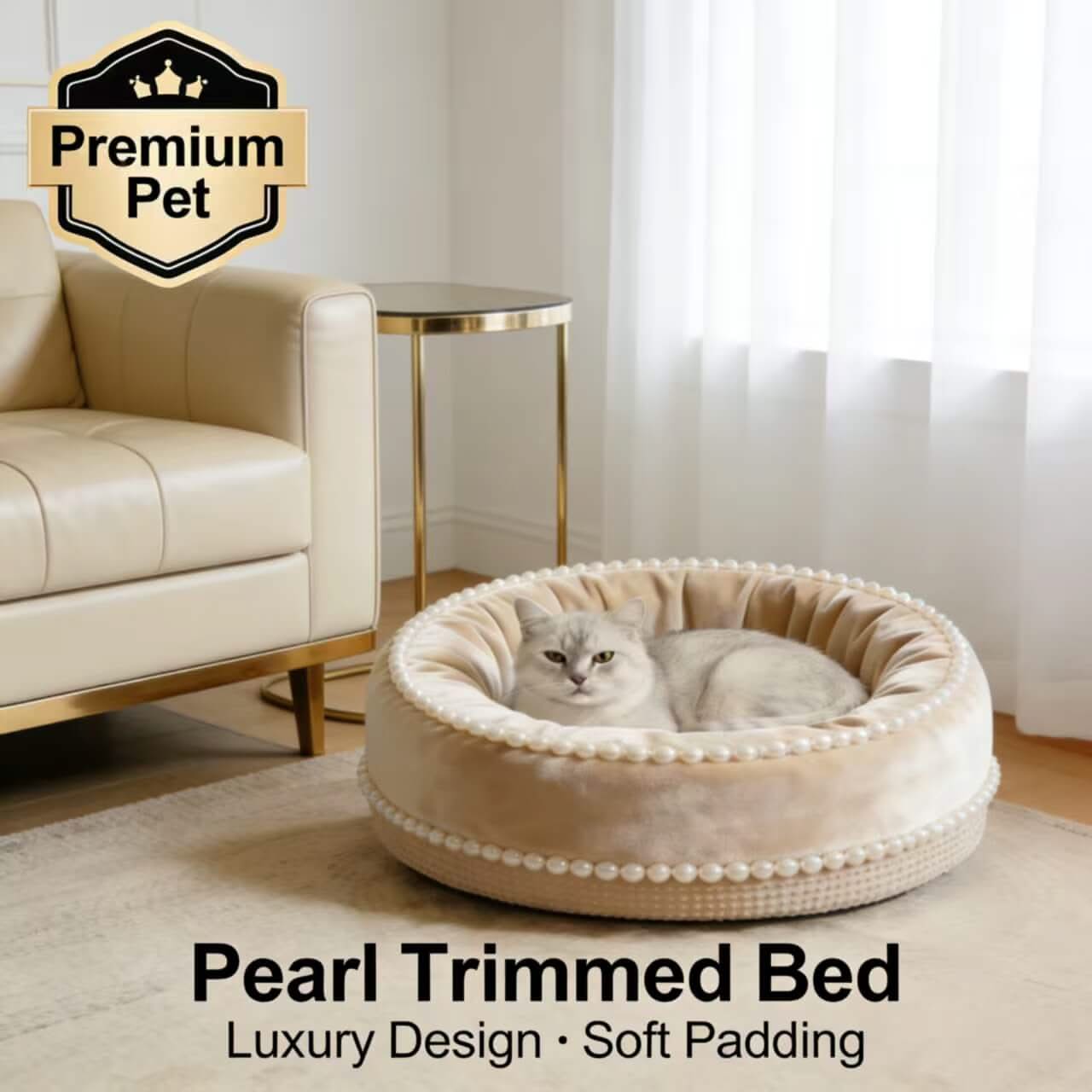 Luxury Pet Bed for Cats - Beige, Round, Pearl Trim, Soft Velvet Fabric