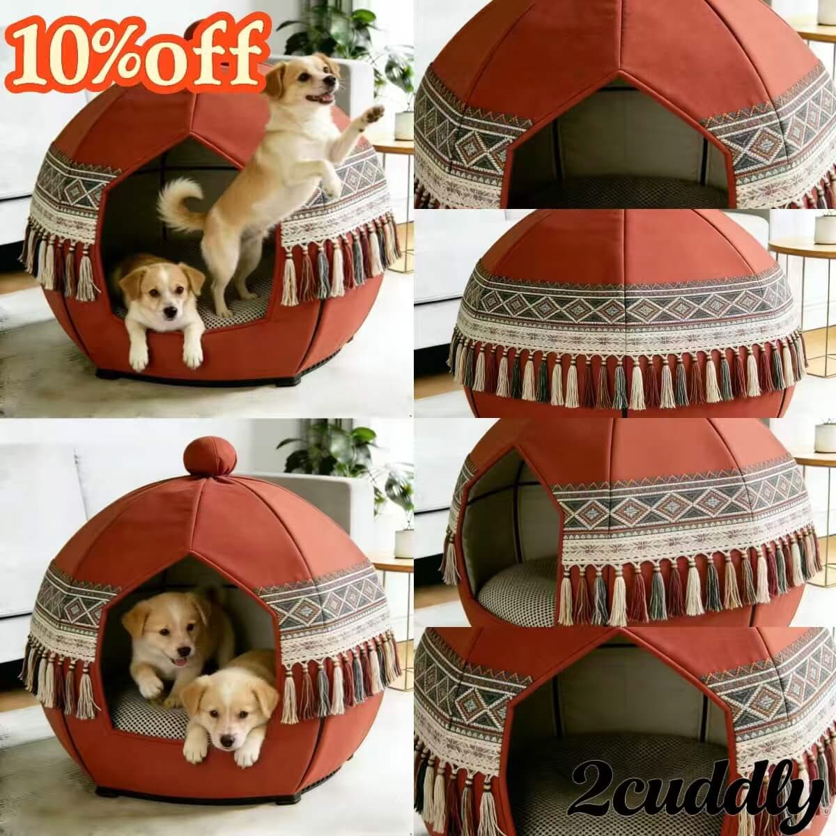 Bohemian Pet Bed for Dogs, Tent Shape, Ethnic Pattern, Red, Tassel Trim, All-Season