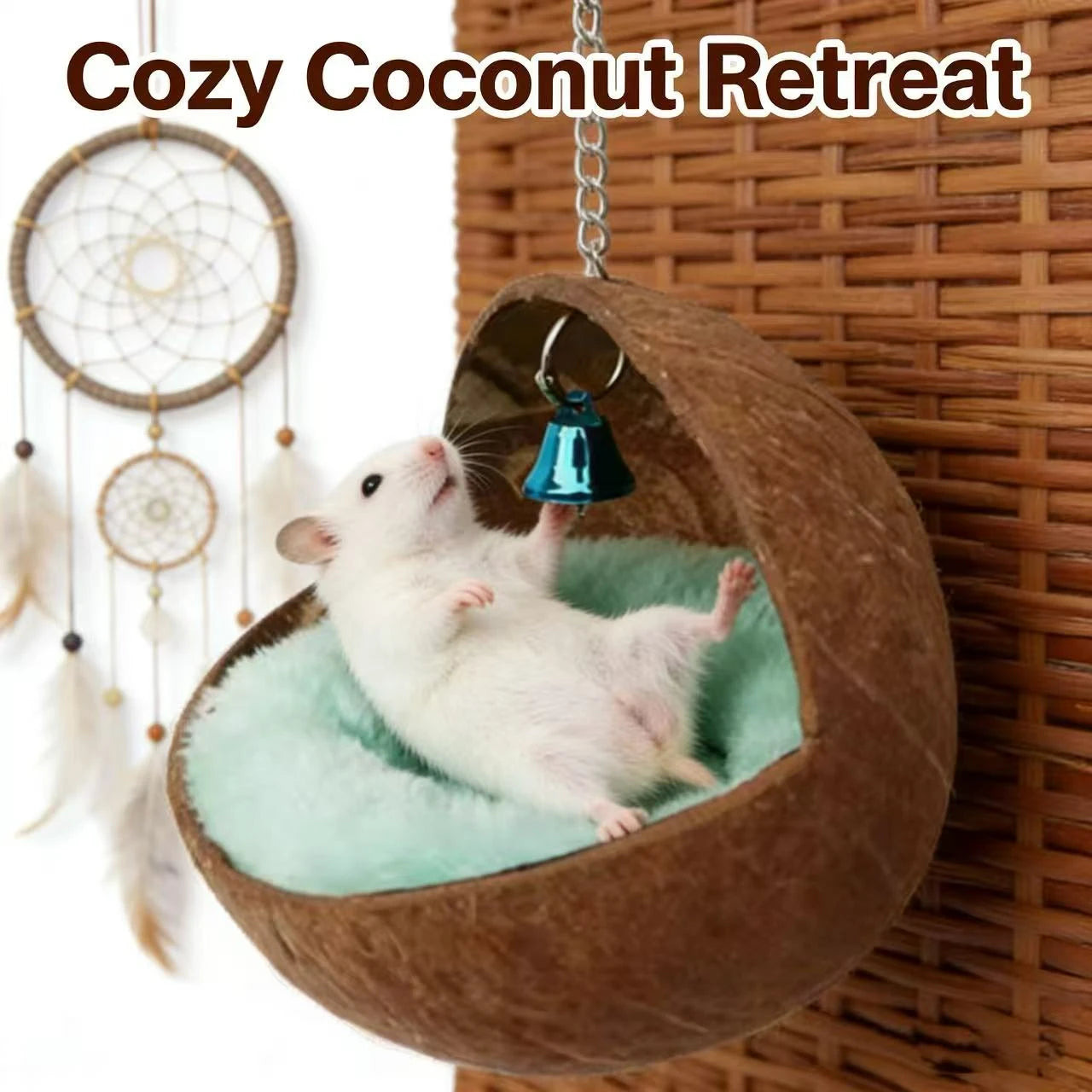 Hang & Rest Hamster Nest for Hamsters - Coconut Shell Heart-Shaped Bell Plush Lined Brown Light Blue