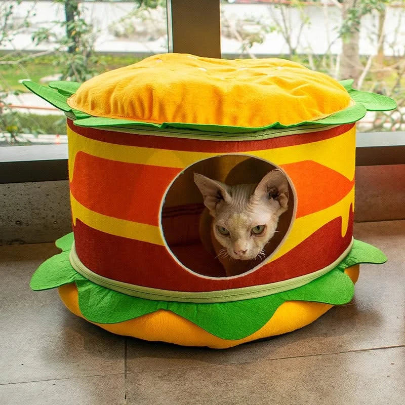  Fun Pet Bed for Cats, Burger Shape, Soft Fabric,  Food Themed, All-Season