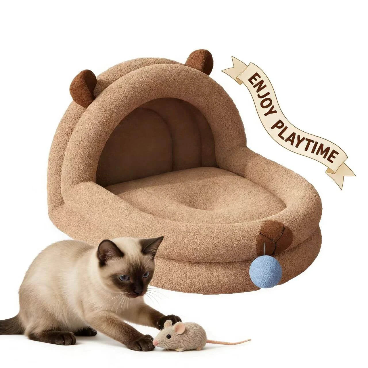Soft Pet Nest for Cats - Bear-Shaped, Plush Material, Brown, Hanging Toy for Play
