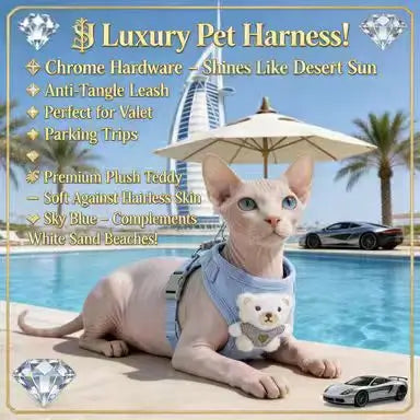 Escape-Proof Cat Harness: Adjustable Fit, Plush Bear Accent (Light Blue)