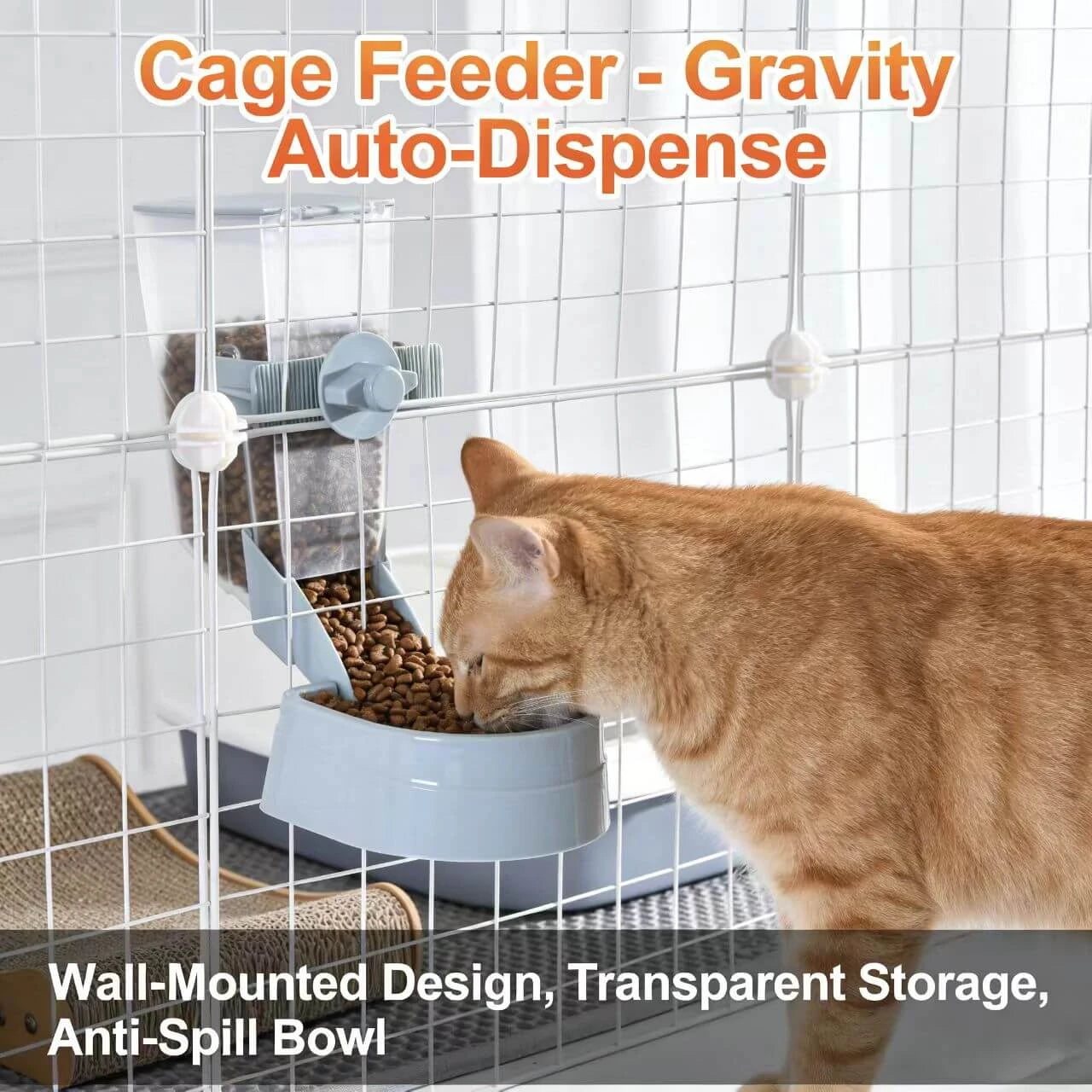 Anti-Spill Cage Pet Feeder - Gravity Auto-Dispense, Wall-Mounted, Blue