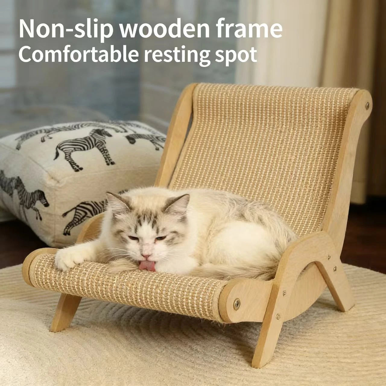 Dual-Use Cat Scratcher | Wooden Rattan Lounge | For All Feline Breeds