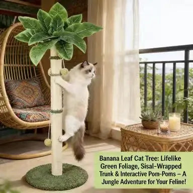 Tropical Plant Cat Scratcher: Sisal Post, Hanging Toys, Grass Base (Green-Beige)