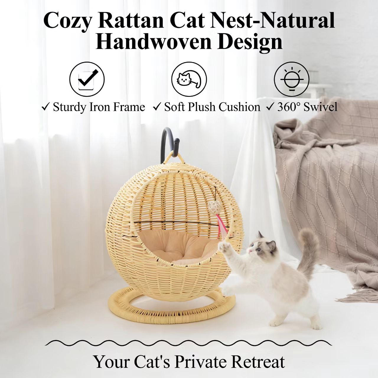 Elevated Pet Swing for Cats - Rattan Material, Egg Design, Beige Rest Hammock