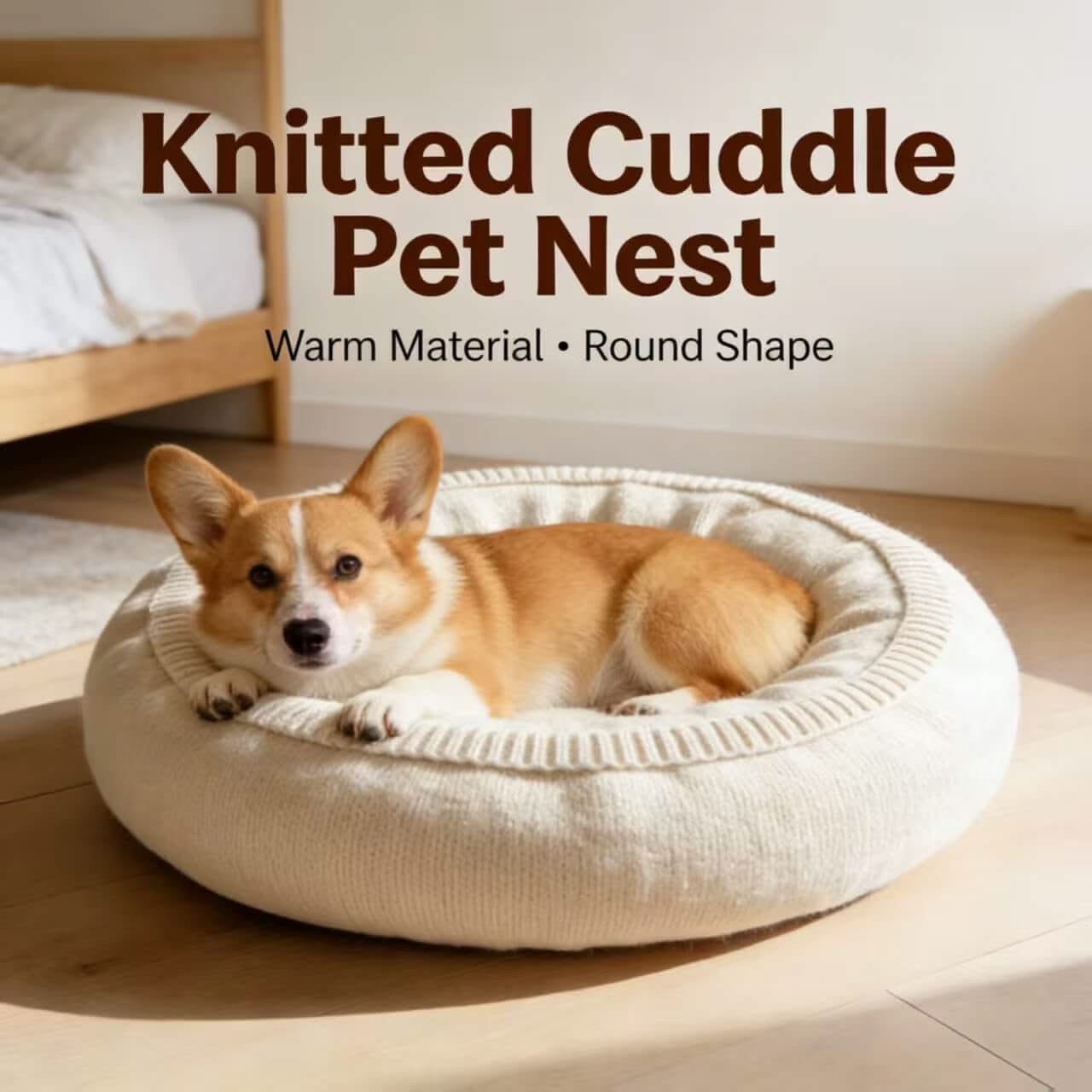 Cozy Knit Dog Bed, Soft Round Design Beige for Small-Medium Dogs