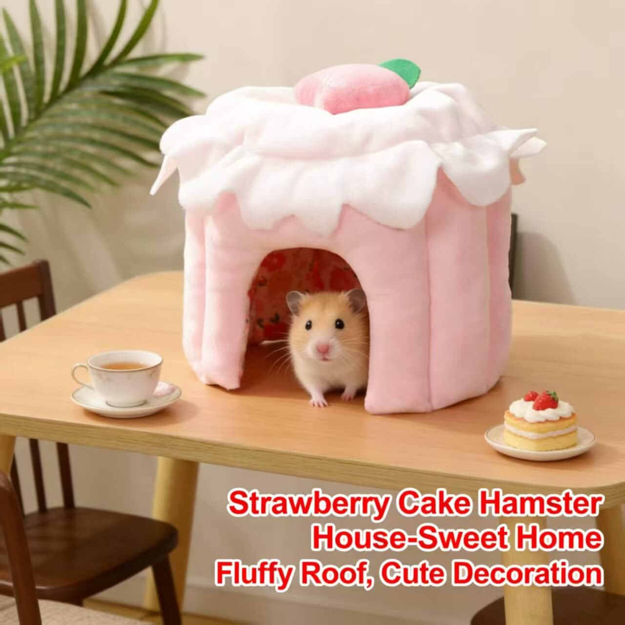Sweet-Home Hamster House for Hamsters - Strawberry Cake Shape, Pink, Fluffy Roof, Cute Decoration