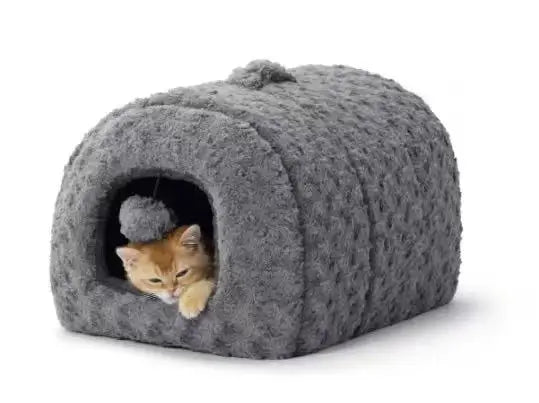 Plush Cave Cat Bed: Cozy Hideaway, Pom-Pom Decor (Gray)