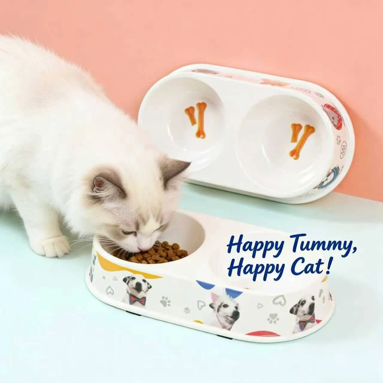 Dual Compartment Pet Feeding Bowl - Anti-Slip Base, Dog Pattern, White