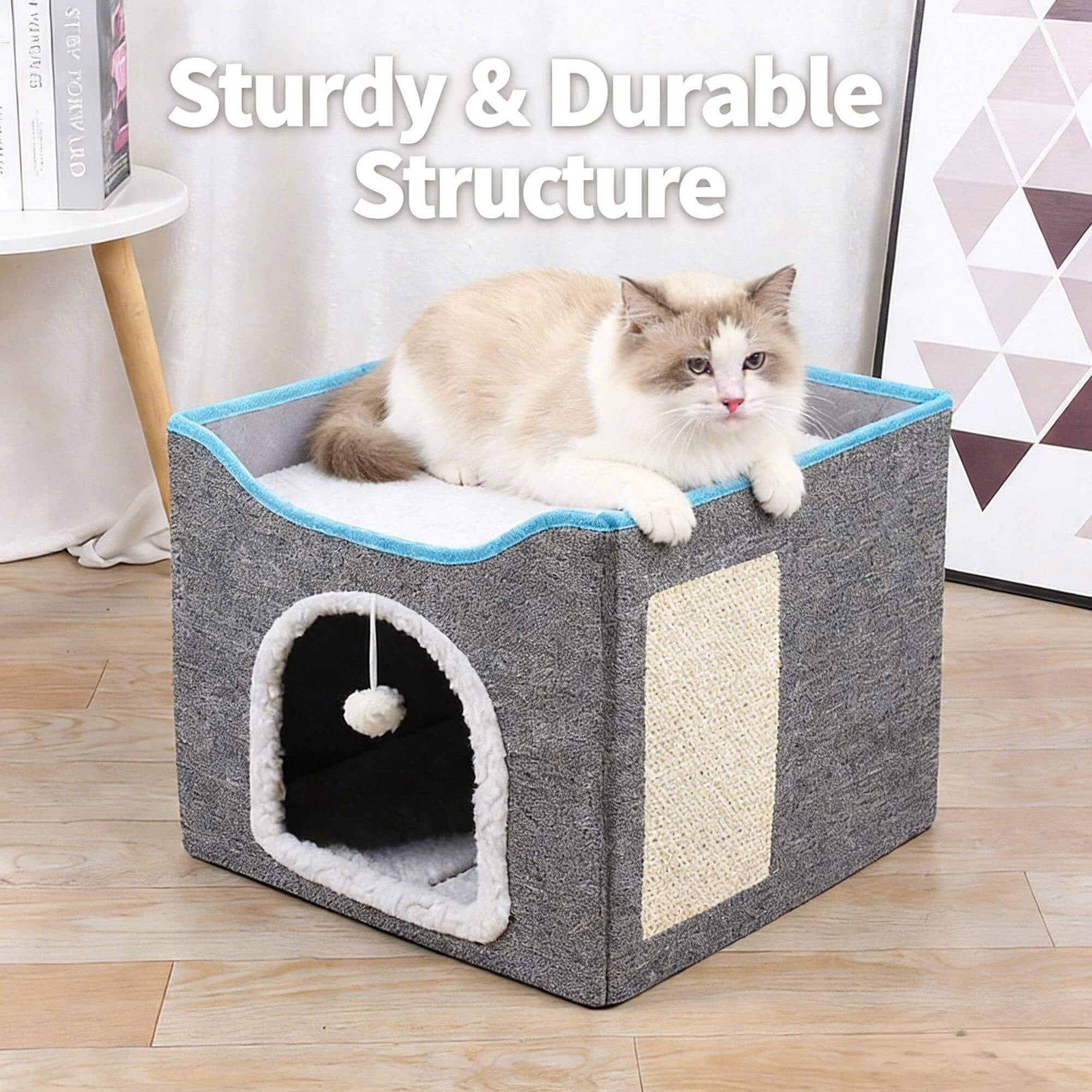 "Foldable Multi-Functional Cat Bed for Cats – Sturdy, Interactive Toy, Scratching Pad, Cozy Hideaway (Gray)"