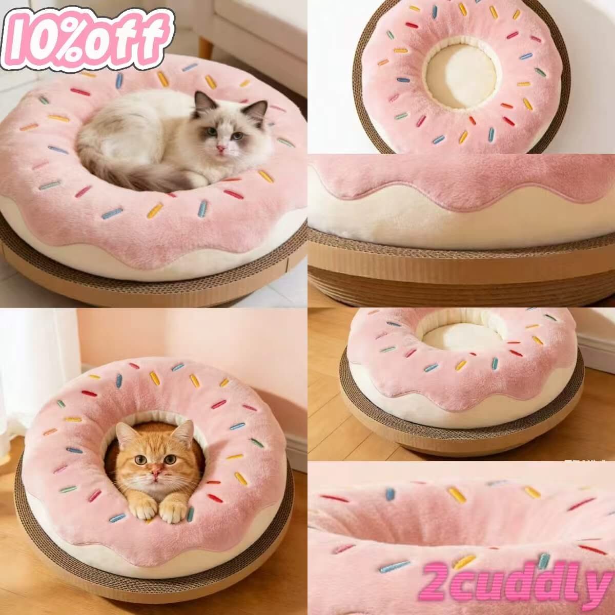  Cat Bed, Donut Shape, Plush Material, White/Pink, Pastry-Themed, Sweet Dreams Nest