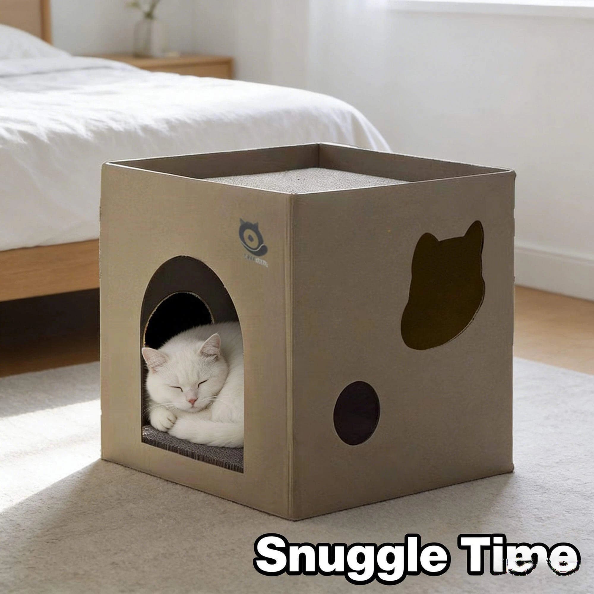 "Cozy Multi-Entry Cat Bed for Cats – Sturdy Cardboard, Top Rest Surface, Fun Cutout Design (Beige)"