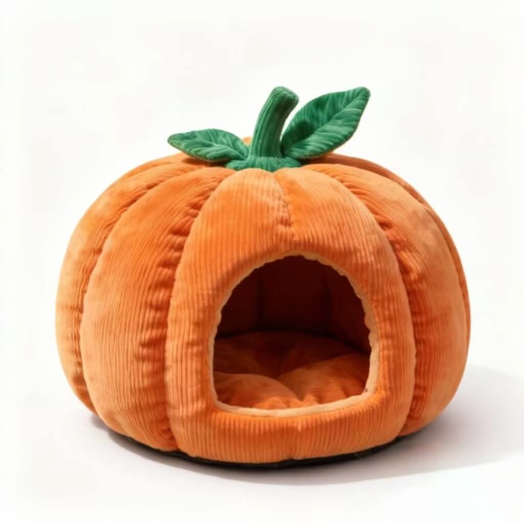 Cozy Pet Cave Bed for Cats - Orange Pumpkin Shape, Corduroy Fabric, Green Stem Decor