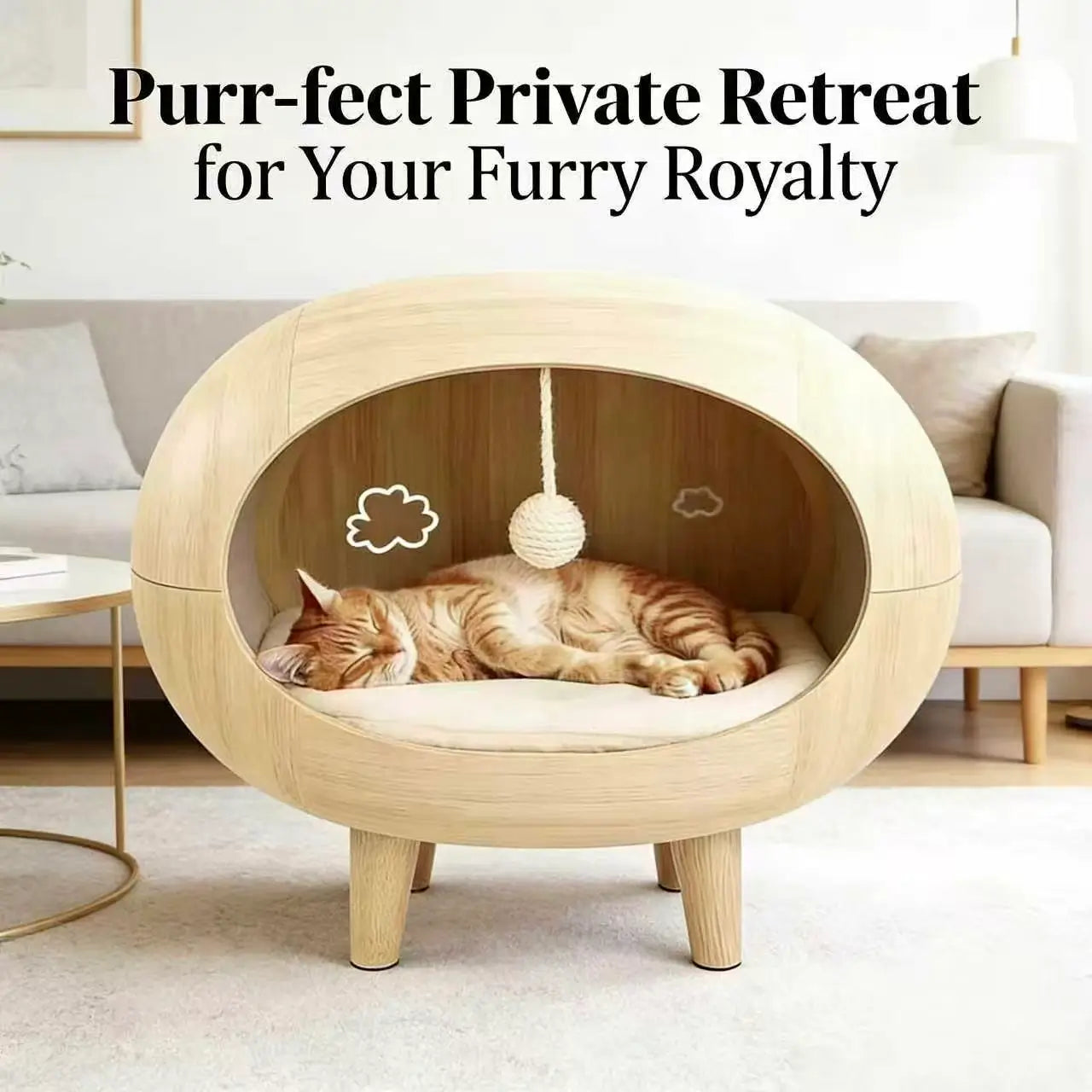 Modern Wooden Cat Cave Bed: Elevated Cozy Hideaway with Cushion & Toy, for Indoor Cat Comfort