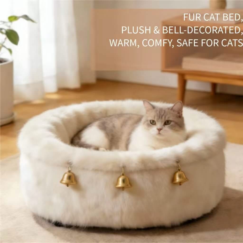 Furry Pet Bed for Cats - White, Round, Gold Bell Decor, Soft Plush