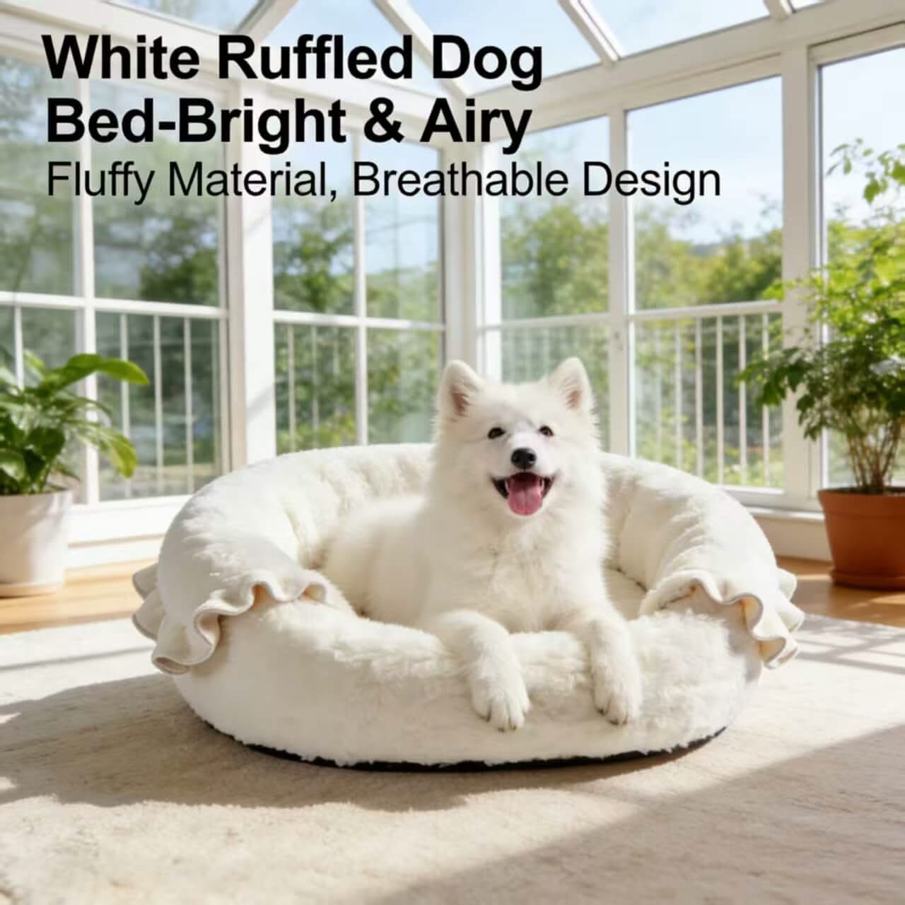 Bright & Airy Pet Bed for Dogs - White Ruffled, Fluffy Material, Breathable Design