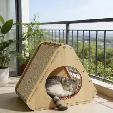 Triangle Cat Scratcher: Hideaway & Scratch, Wooden Frame, Durable Surface (Beige-Red)