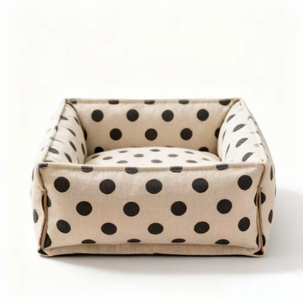 Polka Dot Pet Bed for Cats - Beige-Black, Square, Soft Fabric, Cozy Cushion, All-Season