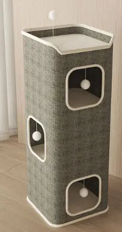Cat Scratcher Hideaway: Scratch-Resistant, Resting Perch & Hanging Ball, Gray-White Design