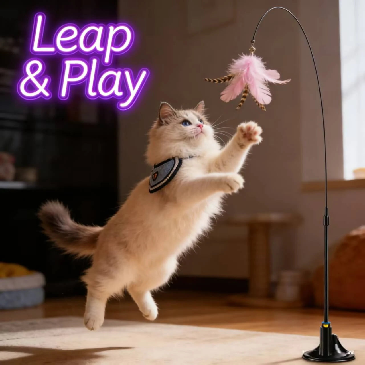 Suction Cup Cat Teaser Wand - Feather Toy, Hands-Free Play, Black