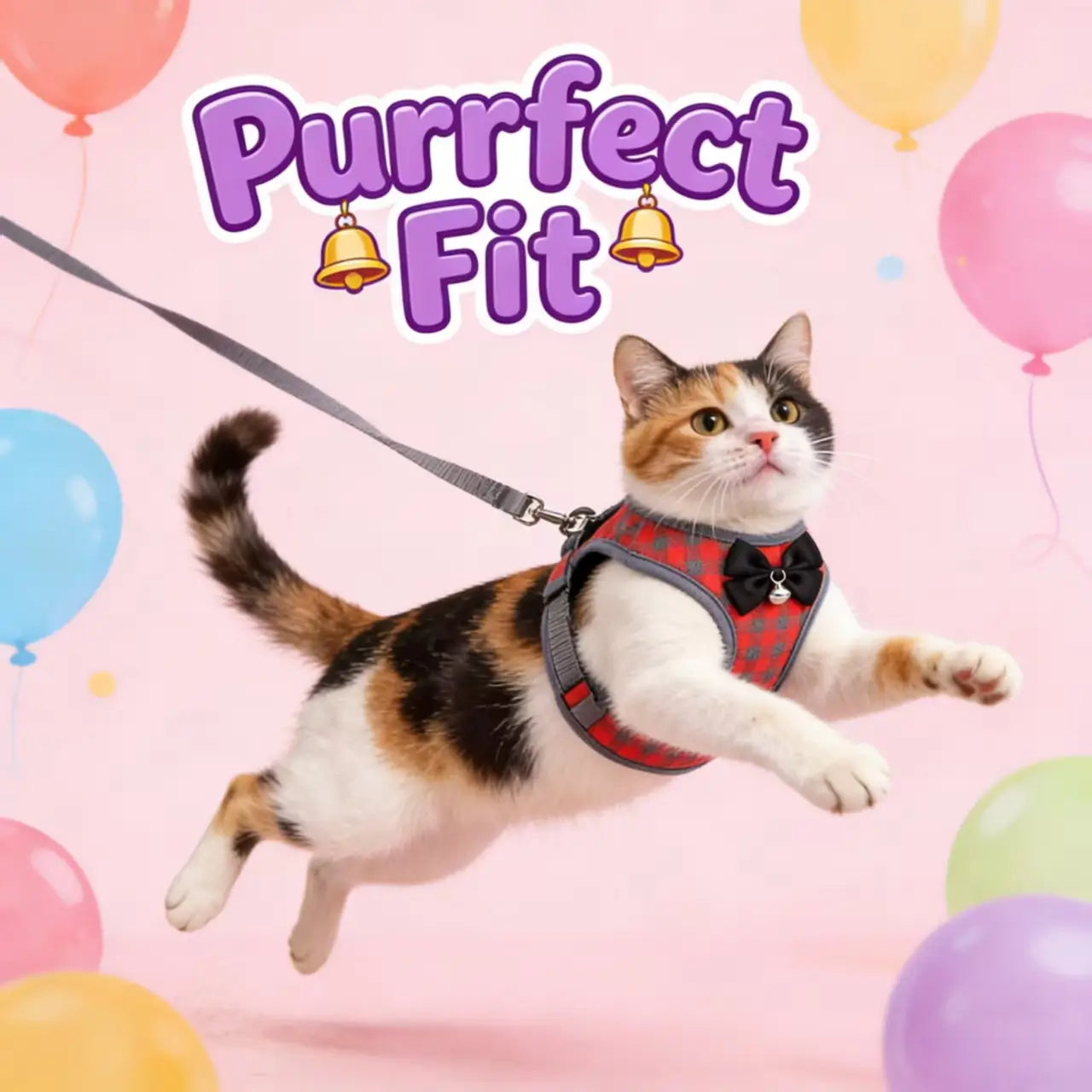 Escape-Proof Cat Harness & Leash: Buffalo Plaid Print, Bow & Bell Accent