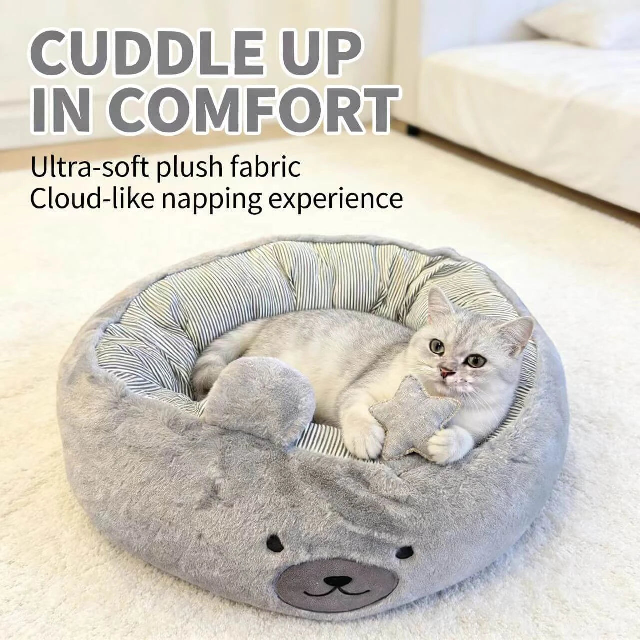 Cozy Plush Cat Bed - Bear Design, Striped Lining, Warm, Grey